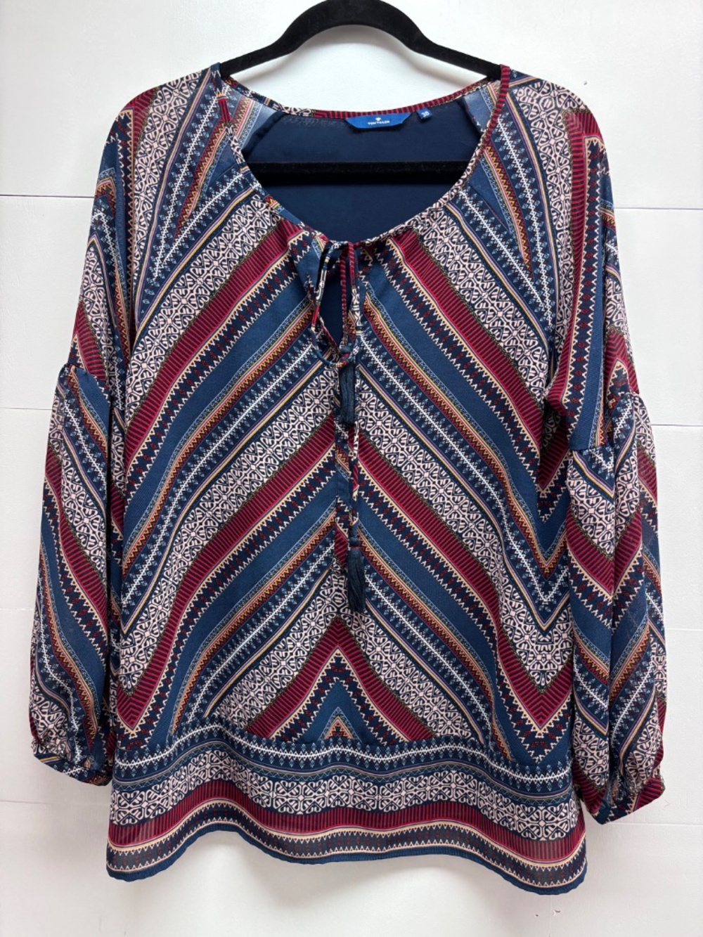 Tom Tailor Boho Chevron Print Blouse Tassel Tie Navy Red size EU38